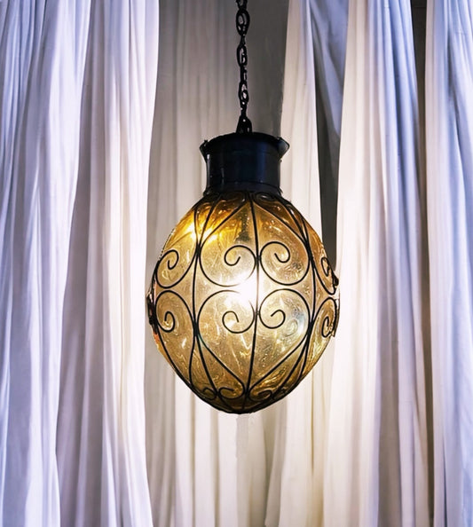 Hand Blown Glass and Iron Melon Light Pendant.