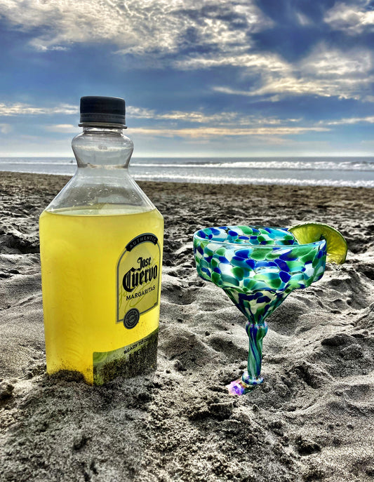 Hand Blown Margarita Glass - Aegean Blue Iridescent