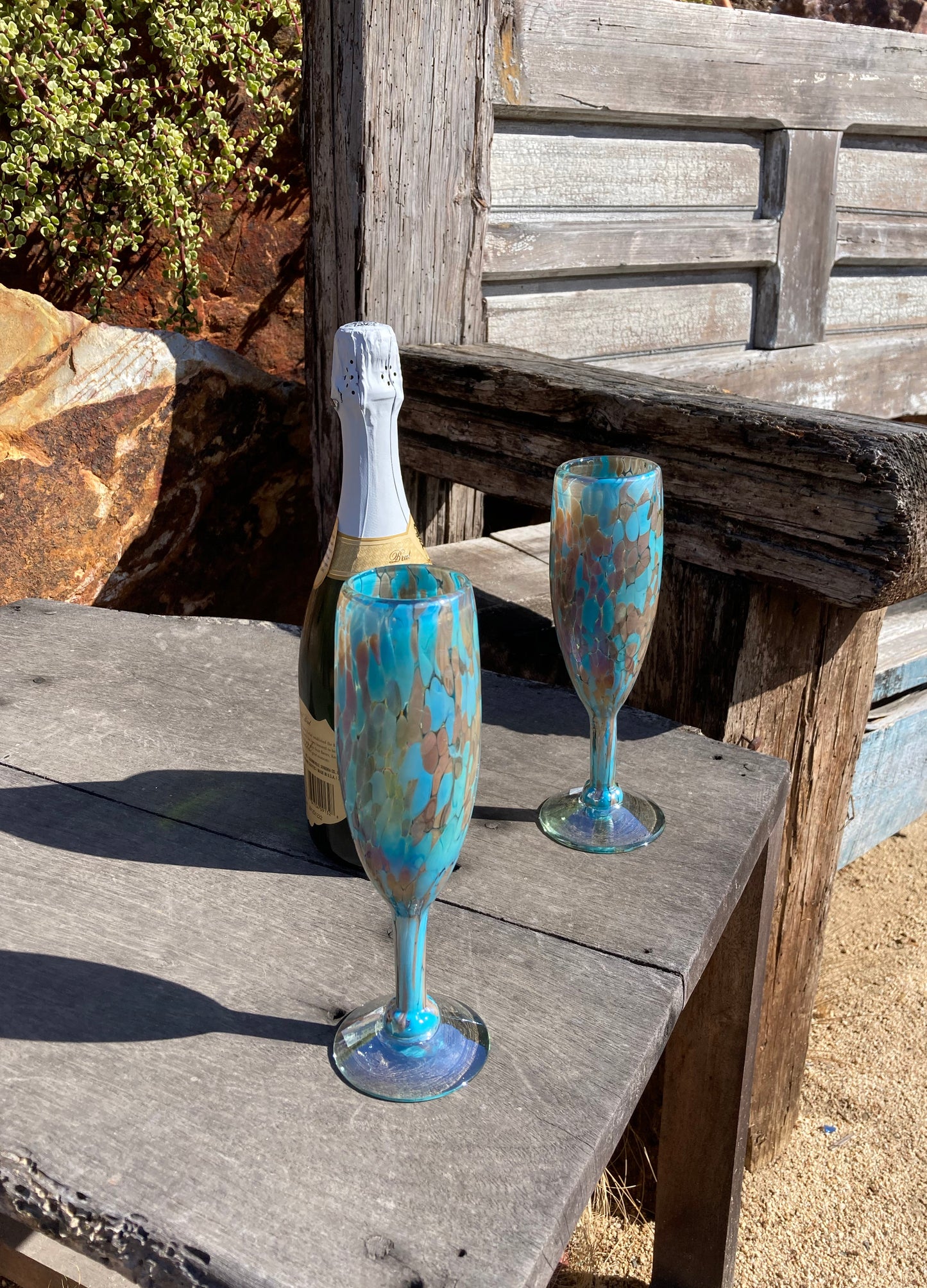 Hand Blown Champagne Glass - Blue Chocolate Iridescent Confetti