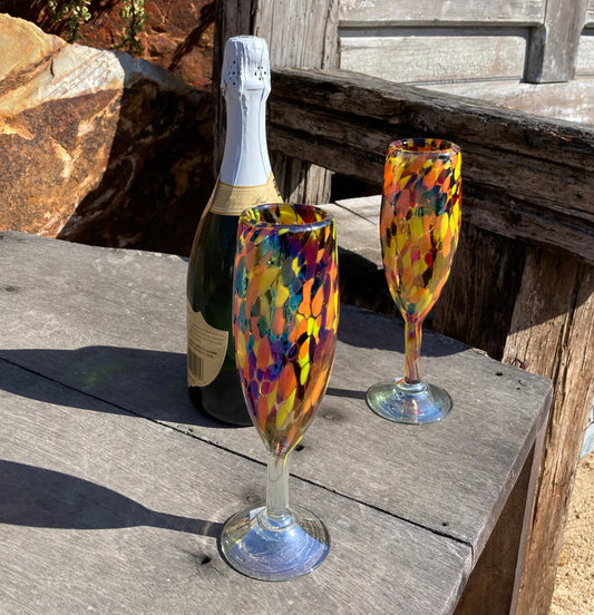 Hand Blown Champagne Glass - Red / Orange Iridescent Confetti