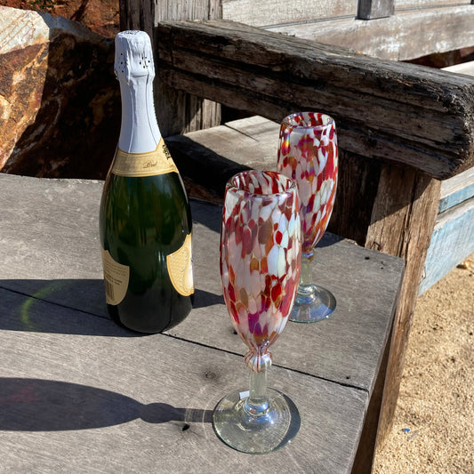 Hand Blown Champagne Glass - Red / White Iridescent Confetti
