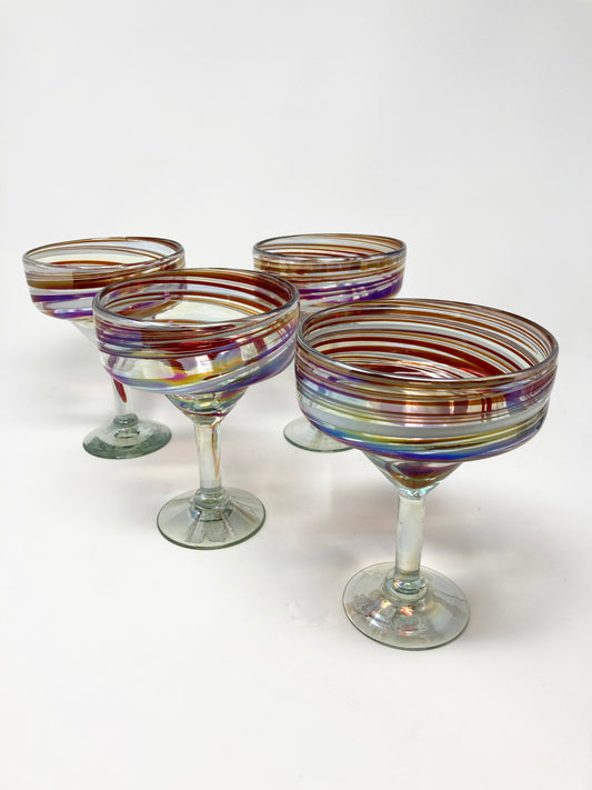 Hand Blown Margarita Glass - Red/White Iridescent Swirl