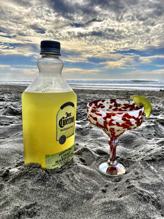 Hand Blown Margarita Glass - Red/White Iridescent Confetti