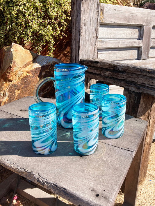 Hand Blown Water Glass - Turquoise/White Swirl Iridescent
