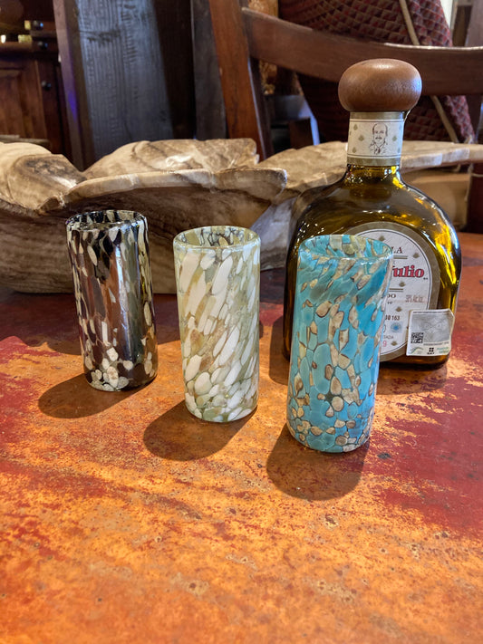 Hand Blown Shot Glass - Teal/Tan Confetti