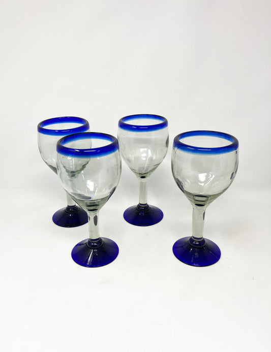 Hand Blown Wine Glass - Cobalt Blue Rim and Base