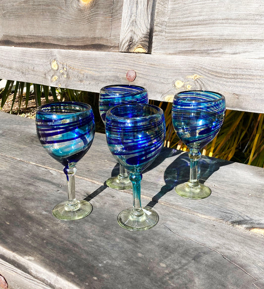 Hand Blown Wine Glass - Blue / Turquoise Swirl