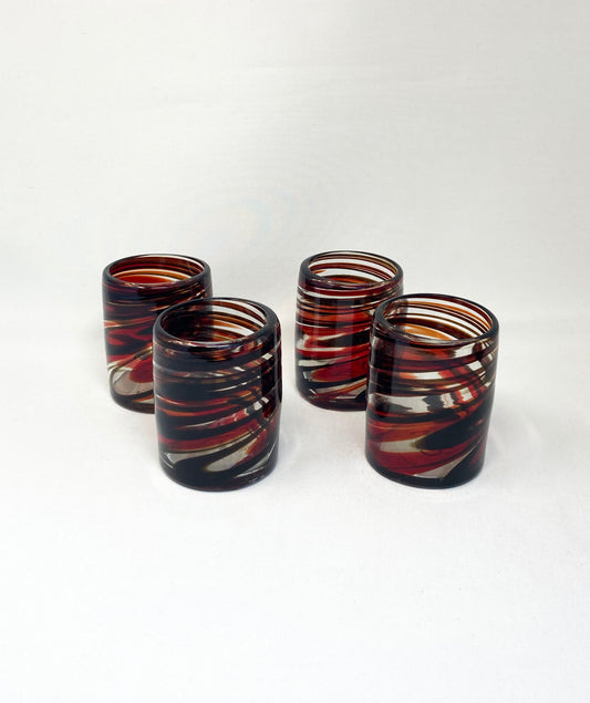 Hand Blown Low Ball Tumbler Glass - Red/Chocolate Swirl