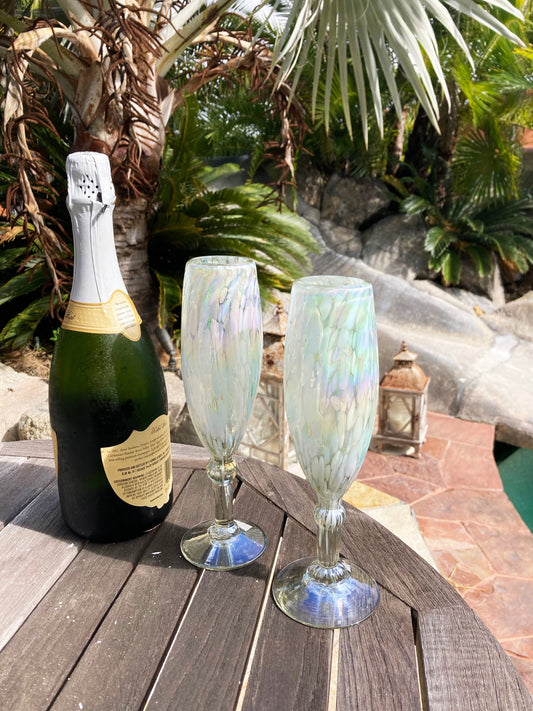 Hand Blown Champagne Glass - White Lustre (Iridescent)