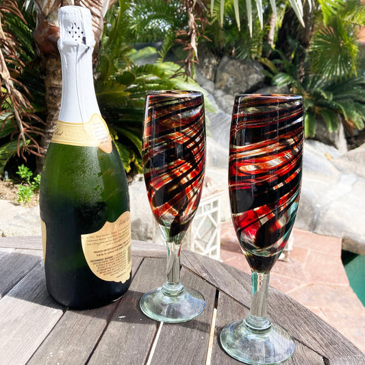 Hand Blown Champagne Glass - Red / Chocolate Swirl