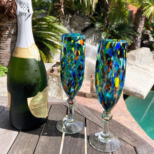 Hand Blown Champagne Glass - Turquoise Confetti