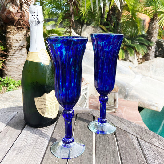 Hand Blown Trumpet Champagne Glass - Deep Sea