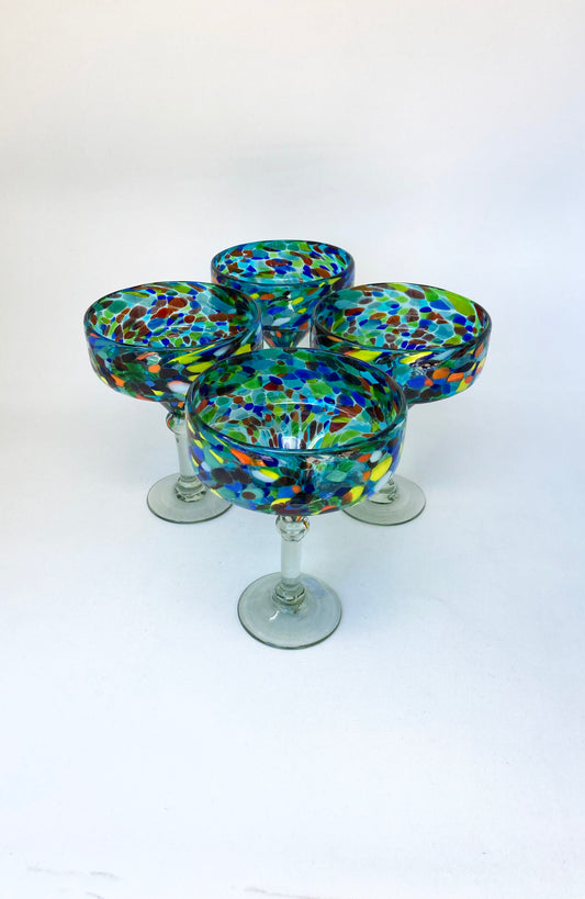 Hand Blown Margarita Glass - Turquoise Confetti