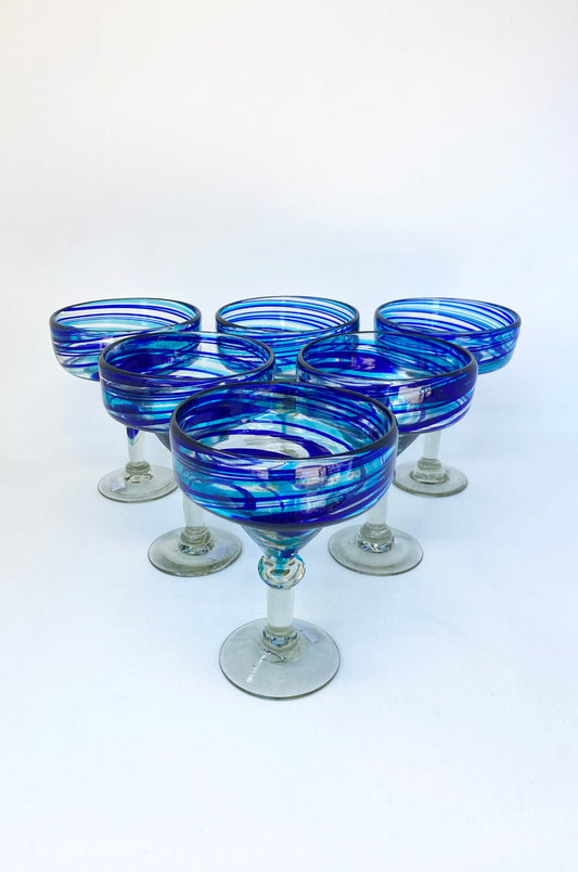 Hand Blown Margarita Glass - Turquoise/Blue Swirl