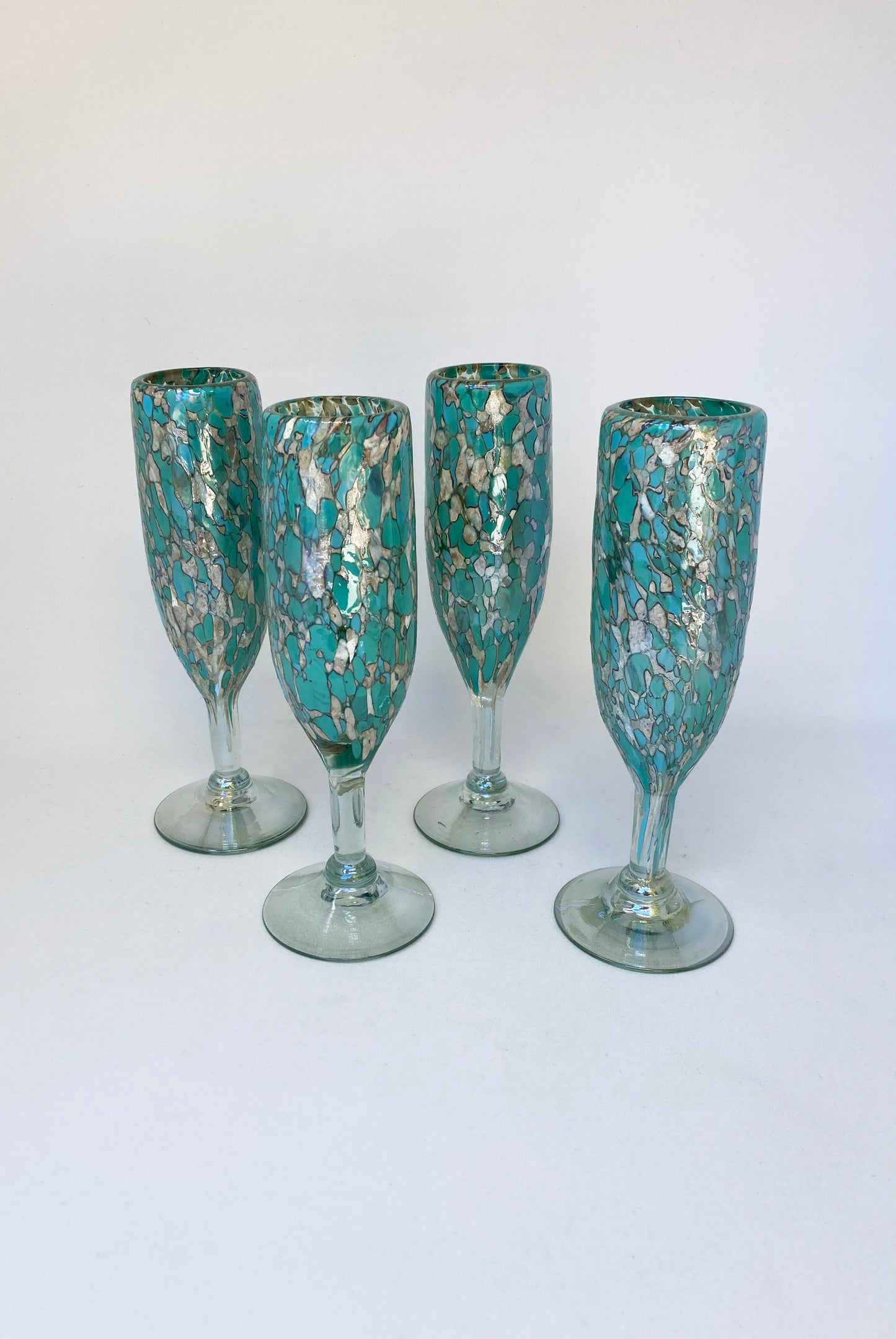 Hand Blown Champagne Glass - Teal/Tan Confetti