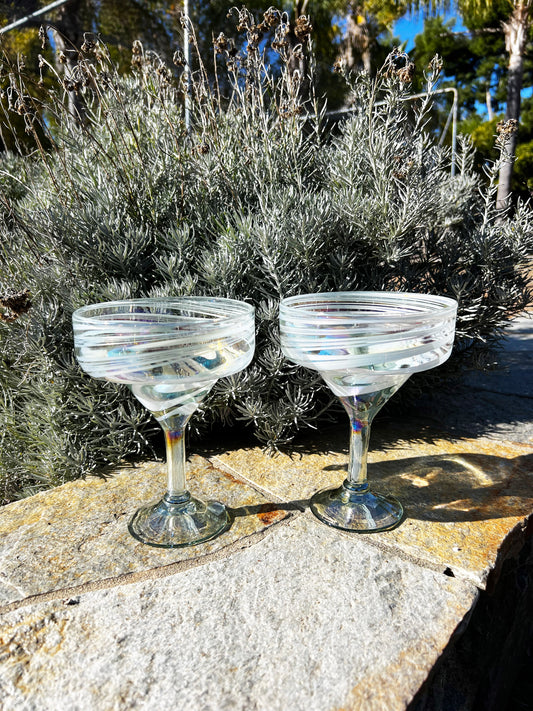 Hand Blown Margarita Glass - White Swirl Iridescent