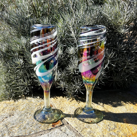 Hand Blown Champagne Glass - Purple / White Iridescent Swirl
