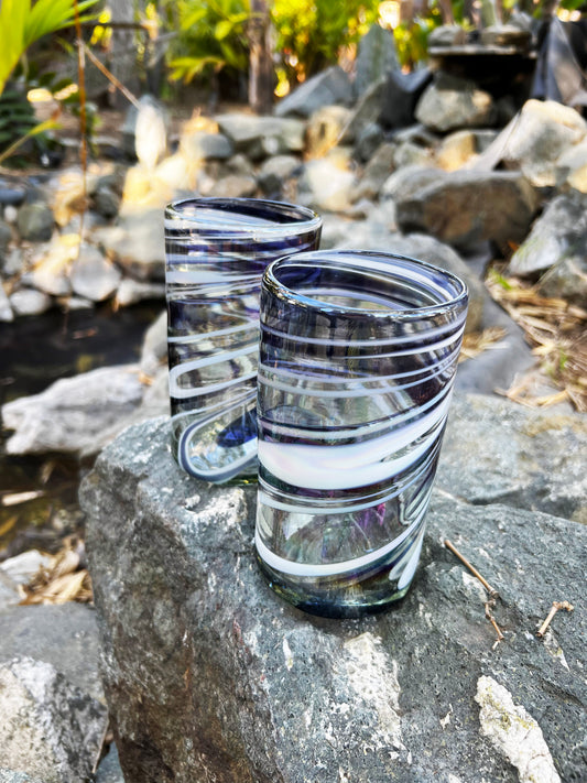 Hand Blown Water Glass - Purple/White Swirl Iridescent