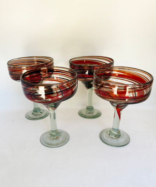 Hand Blown Margarita Glass - Red/Chocolate Swirl