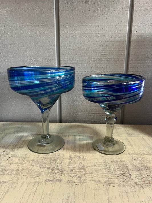 Hand Blown Margarita Glass XL set of 4 - Turquoise/Blue Swirl
