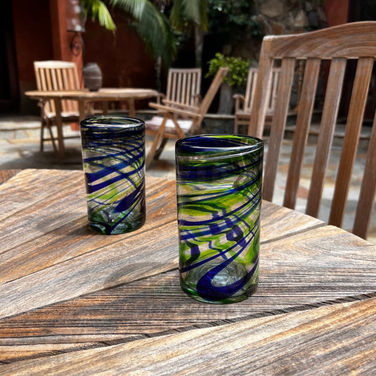Hand Blown Water Glass - Blue/Green Swirl