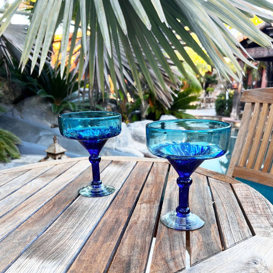 Hand Blown Margarita Glass - Turquoise Deep Sea Base