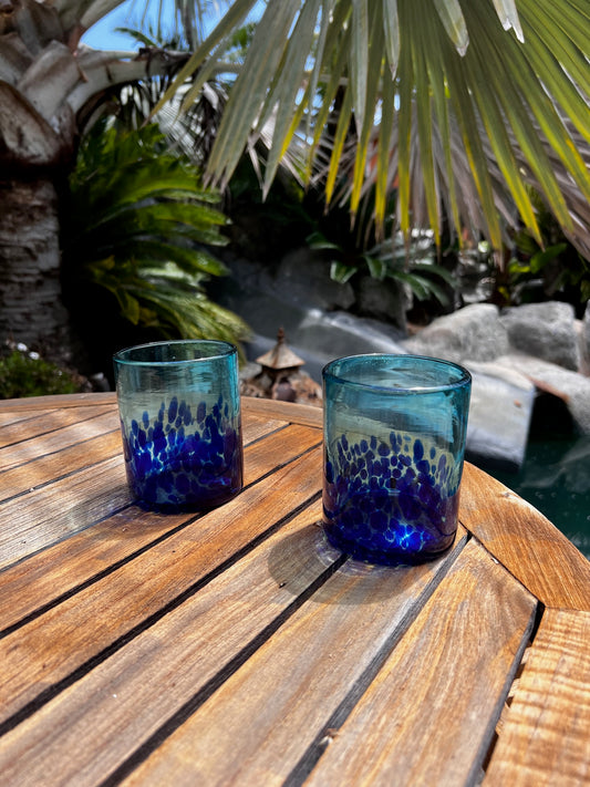 Hand Blown Low Ball Tumbler Glass - Turquoise Deep Sea Base