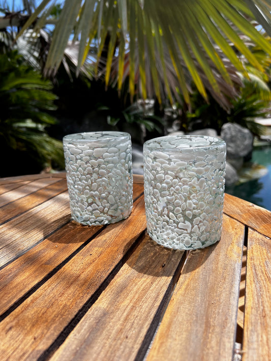 Hand Blown Low Ball Glass - White Graniti Iridescent