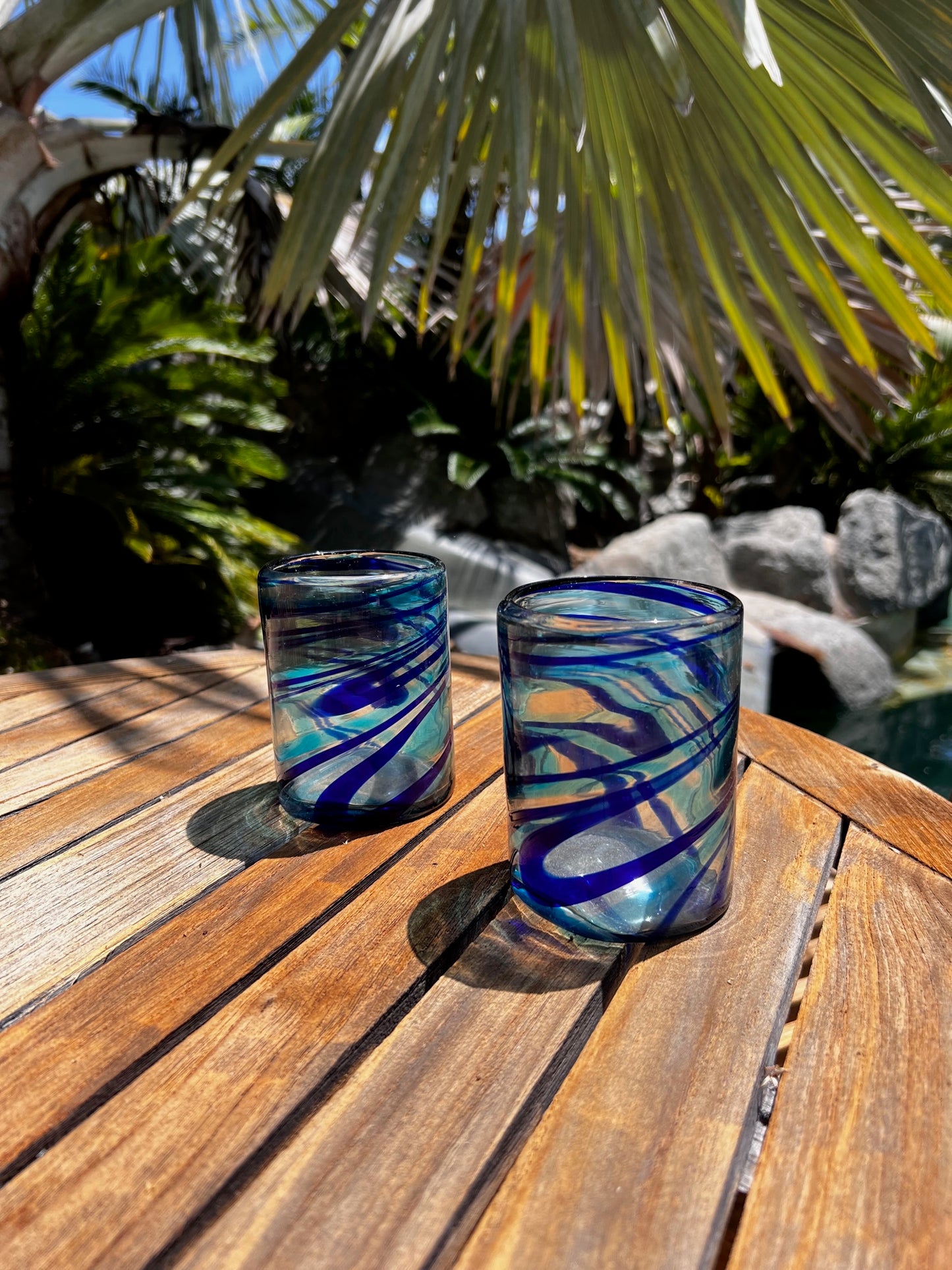 Hand Blown Low Ball Tumbler Glass - Blue / Turquoise Swirl
