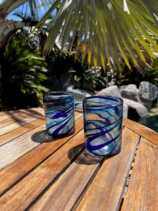 Hand Blown Low Ball Tumbler Glass - Blue / Turquoise Swirl