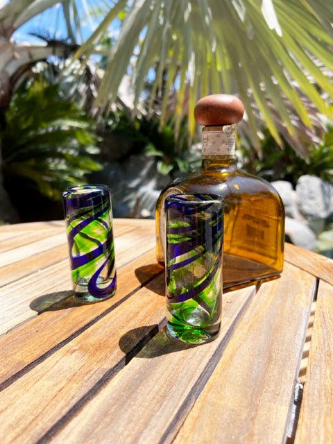 Hand Blown Shot Glass - Blue / Green Swirl