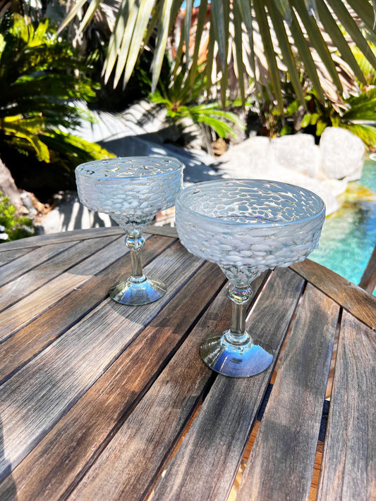 Hand Blown Margarita Glass - White Graniti Iridescent