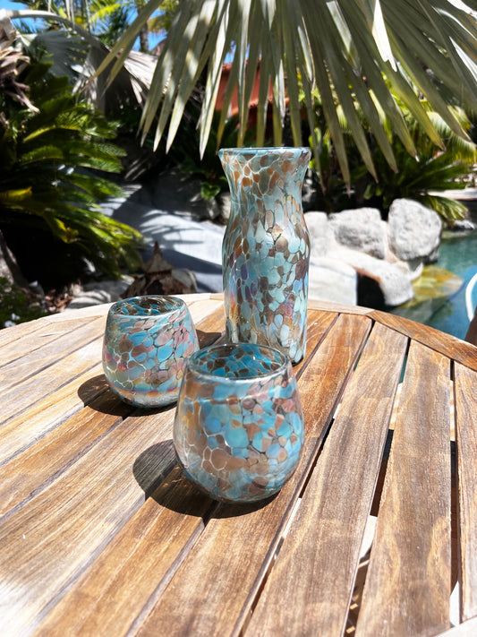 30 oz Hand Blown Glass Luc Pitcher / Vase - Chocolate Blue Iridescent