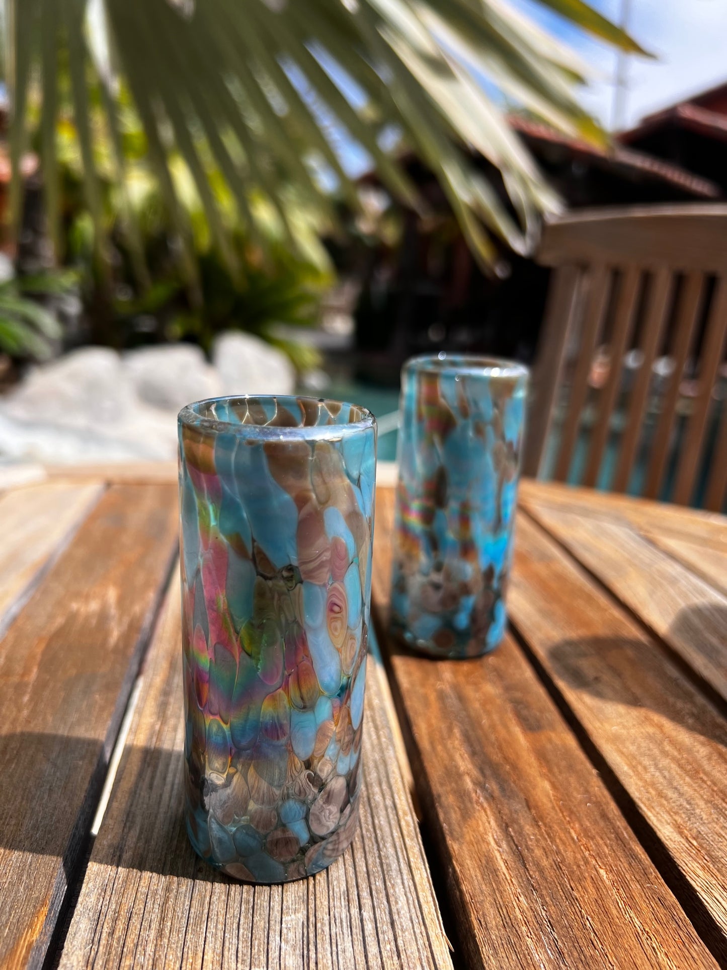 Hand Blown Shot Glass - Blue Chocolate Iridescent Confetti