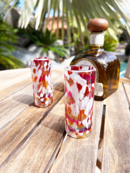 Hand Blown Shot Glass - Red/White Iridescent Confetti