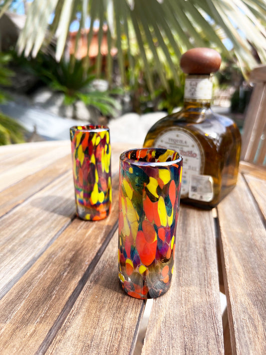 Hand Blown Shot Glass - Red/Orange Iridescent Confetti