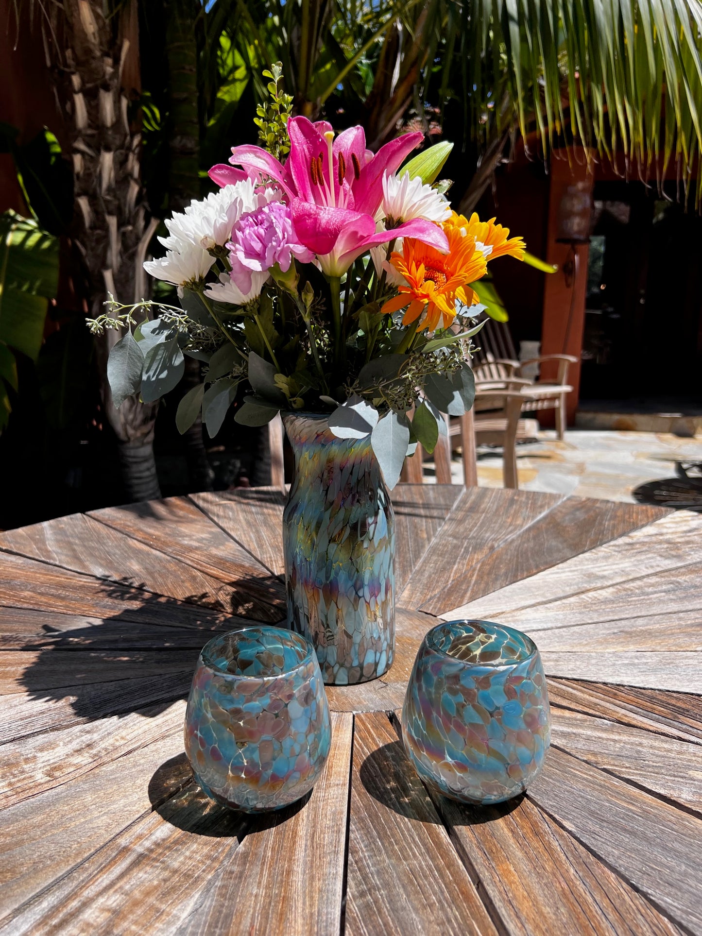 30 oz Hand Blown Glass Luc Pitcher / Vase - Chocolate Blue Iridescent