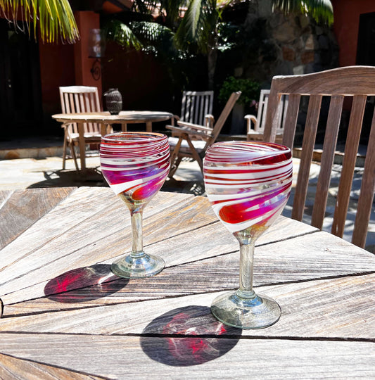 Hand Blown Wine Glass - Red / White Iridescent Swirl