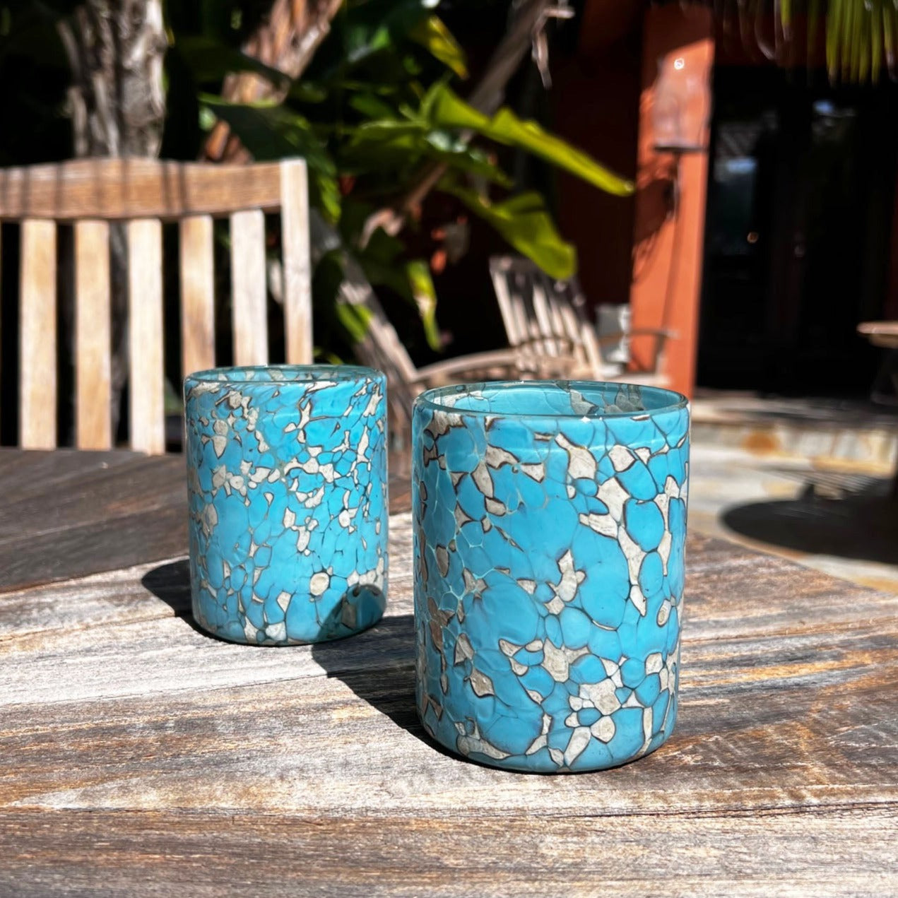 Hand Blown Low Ball Tumbler Glass - Teal/Tan Confetti