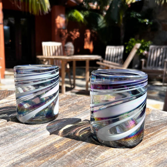 Hand Blown Low Ball Glass - Purple/White Iridescent Swirl