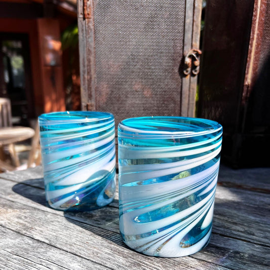Hand Blown Low Ball Tumbler Glass - Turquoise / White Swirl Iridescent