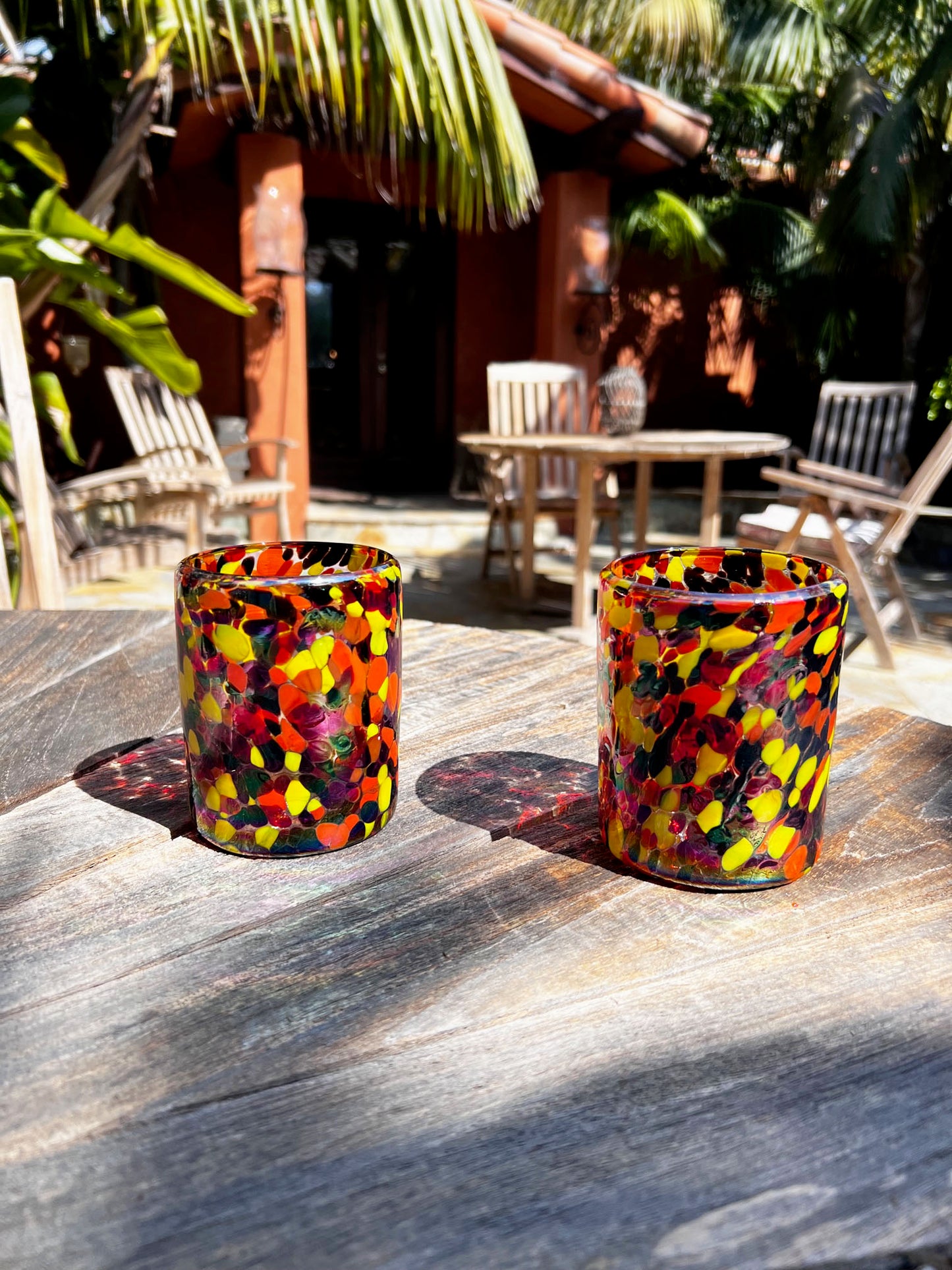 Hand Blown Low Ball Tumbler Glass - Red/Orange Iridescent Confetti