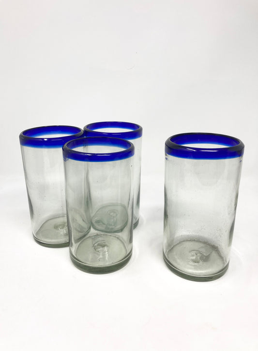 Hand Blown Water Glass - Cobalt Blue Rim
