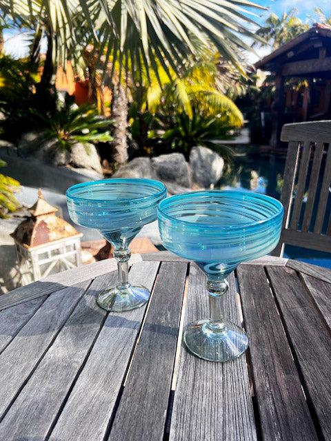 Hand Blown Margarita Glass - Turquoise/White Swirl Iridescent