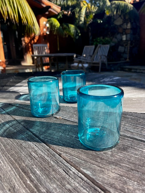Hand Blown Low Ball Tumbler Glass - Solid Turquoise