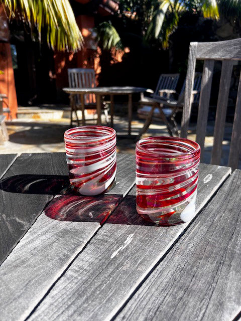 Hand Blown Low Ball Tumbler Glass - Red/White Iridescent Swirl