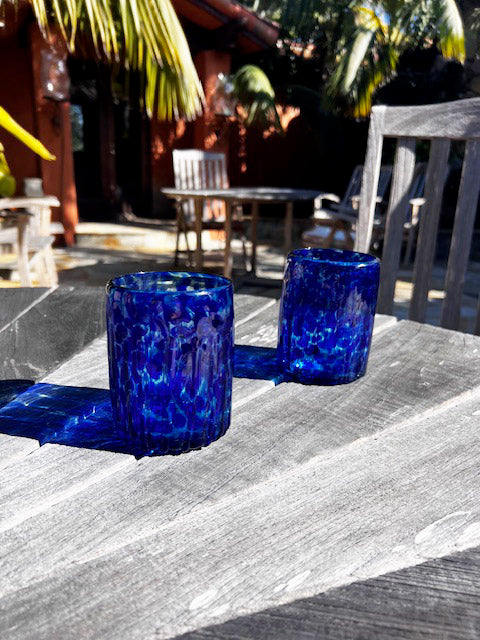 Hand Blown Low Ball Tumbler Glass - Blue Ocean
