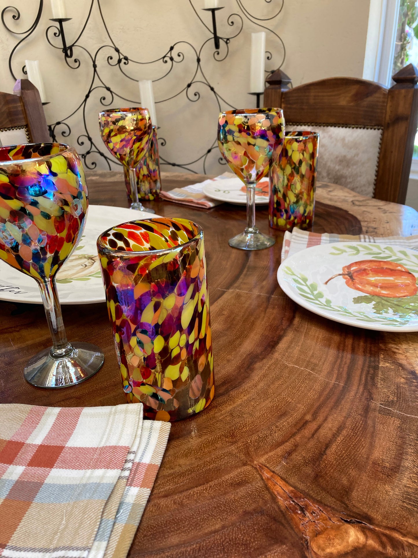 Hand Blown Water Glass - Red/Orange Iridescent Confetti