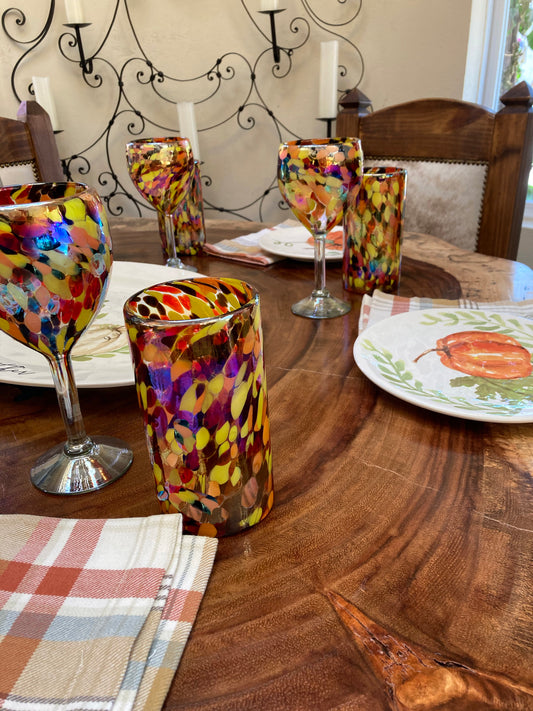 Hand Blown Water Glass - Red/Orange Iridescent Confetti