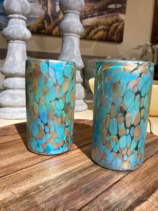 Hand Blown Water Glass - Blue Chocolate Iridescent Confetti